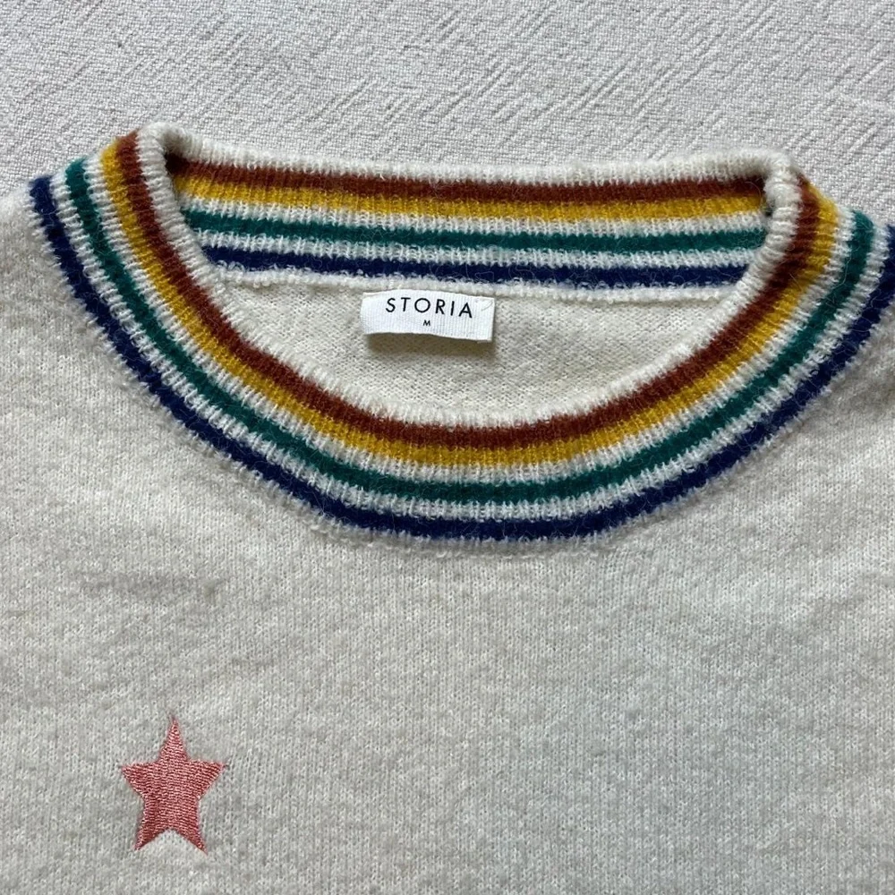 STORIA Rainbow Stars Cream Balloon Sleeves Oversized Sweater M - Picture 3 of 5